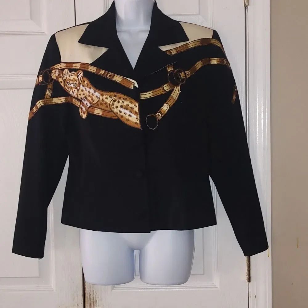 Privata Vintage black gold cream leopard button down 100% wool blazer Sz 8